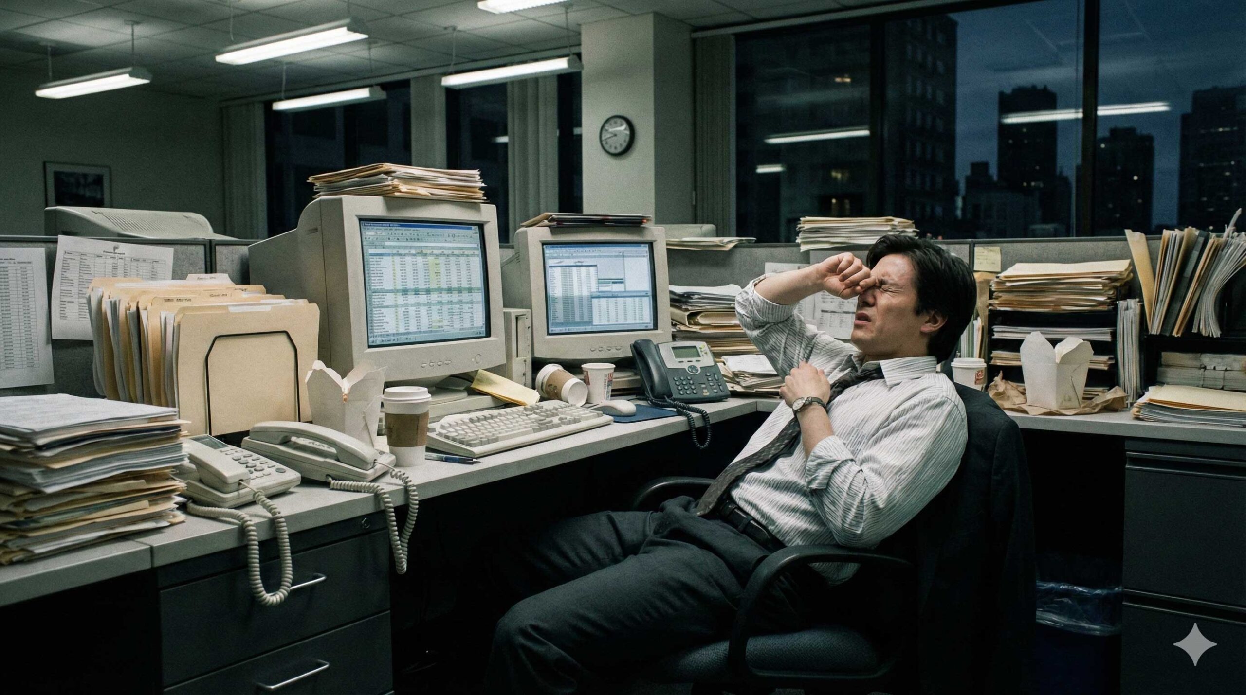 새벽 사무실에서 야근하는 직장인 - AI로 업무 효율화 전 모습