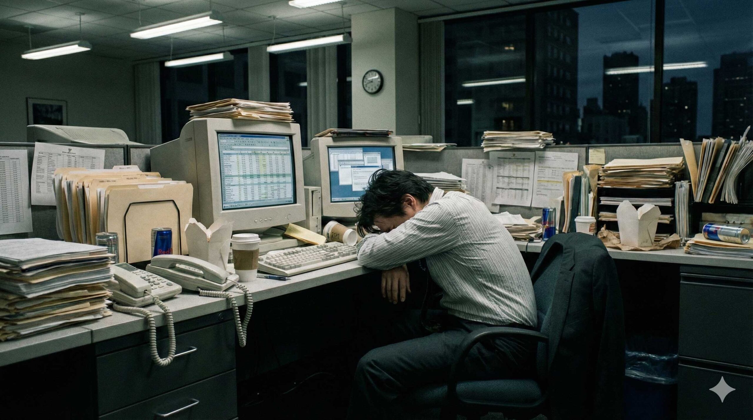 야근에 지친 직장인 - AI 활용 전 업무 스트레스