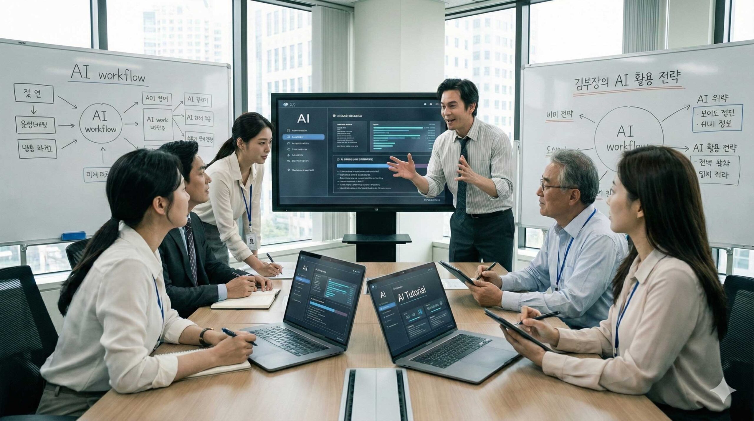 AI 활용법을 공유하며 협업하는 직장 동료들 - AI 정보교류